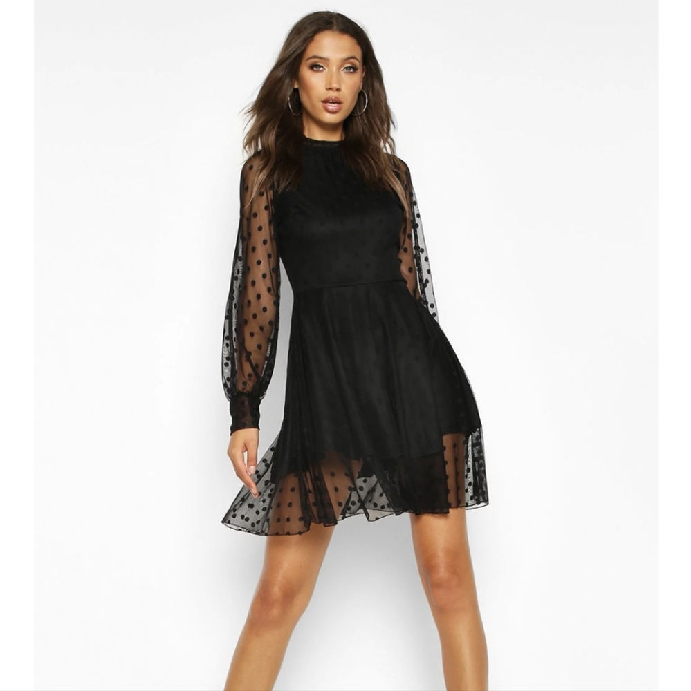 Boohoo Polka Dot dress size 6 sheer Sleeve black  Long Sleeve High Neck Mini
